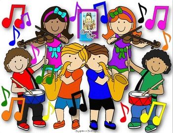 Clipart of students playing musical instruments with musical notes all around them