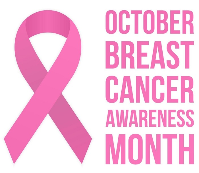 pink breast cancer ribbon and text October Breast Cancer Awareness Month