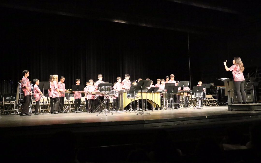 Student conducts other percussion students during concert