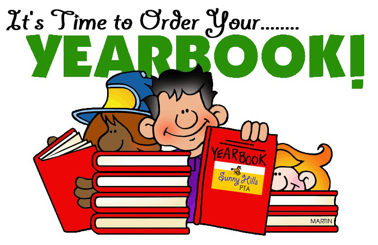 Clip art it's time to order your yearbook with cartoon students and stacks of yearbooks