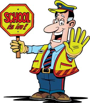 Clip art cartoon crossing guard holding sign school is in