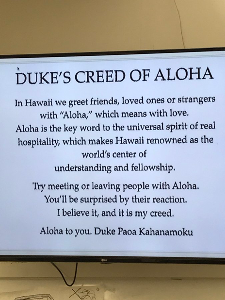Slide screen projection of Duke's Creed of Aloha