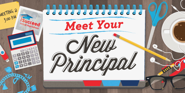 Clip art of desk with book sign Meet Your New Principal