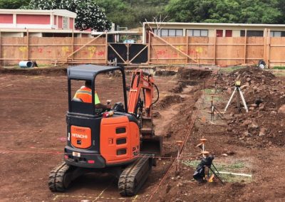 Worker in orange excavator clears dirt ground