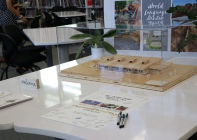 Sign in table with pens, programs, signed poster and architectural model of the world language center