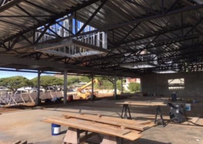 World Language Building Construction site roof framing and work tables