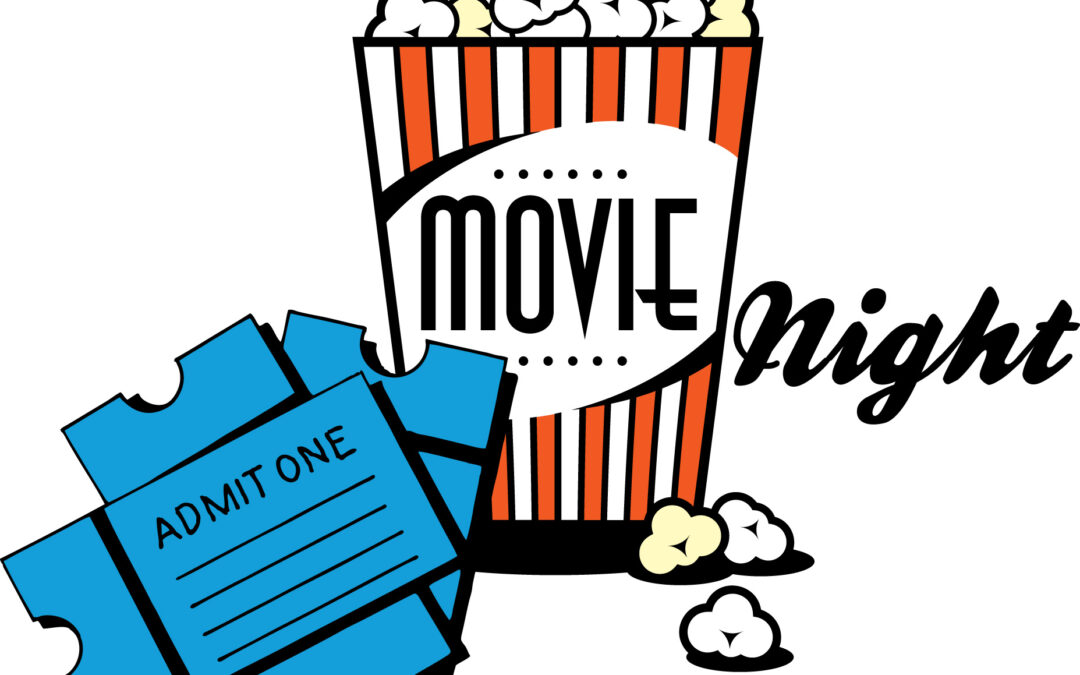 popcorn with "movie night" wording and blue "admit one" tickets