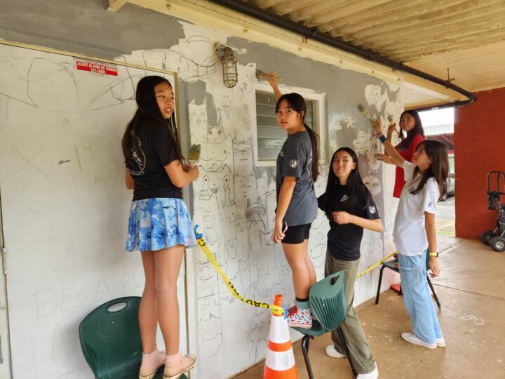 5 female students working on a mural